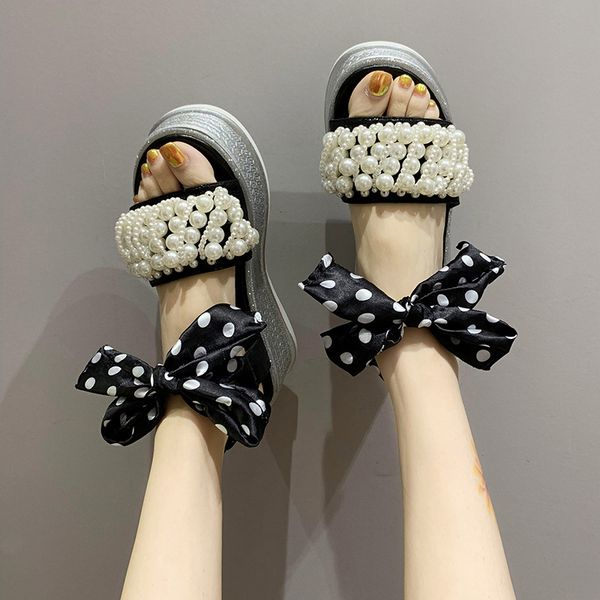 

with heel open toe riband 2020 sandals muffins shoe bow shoes summer heels suit female beige thick peep women's flat, Black