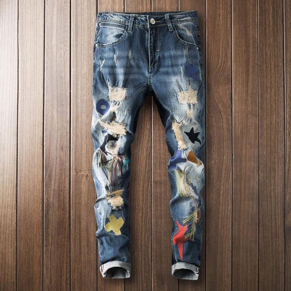 

new mens clothing biker ripped skinny trousers denim jeans trousers, Blue