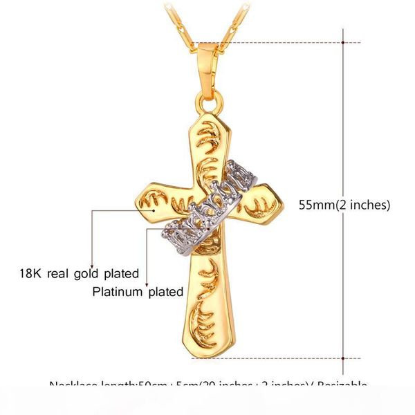 

two tone gold cross pendants 18k real gold platinum plated delicate crown ring necklaces, Silver