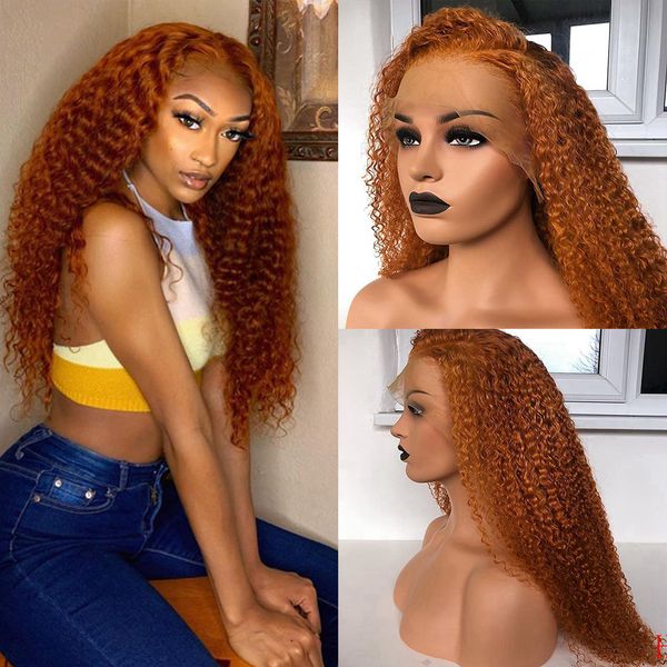

ginger orange 360 frontal human hair full lace wigs deap afro curly remy transparent 13x6 lace front wigs, Black