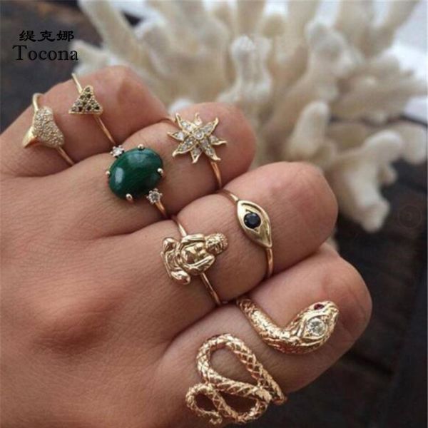 

designer ring 5pcs/sets snake green oval crystal rings sets gold color bohemia flowers heart shape jewelry women men accessories 7068, Golden;silver