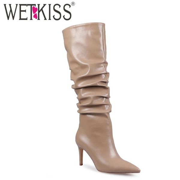 

wetkiss pleated knee boots women slip on thin high heels shoes woman pointed toe ladies slouchy high boot fashion shoes 2020, Black