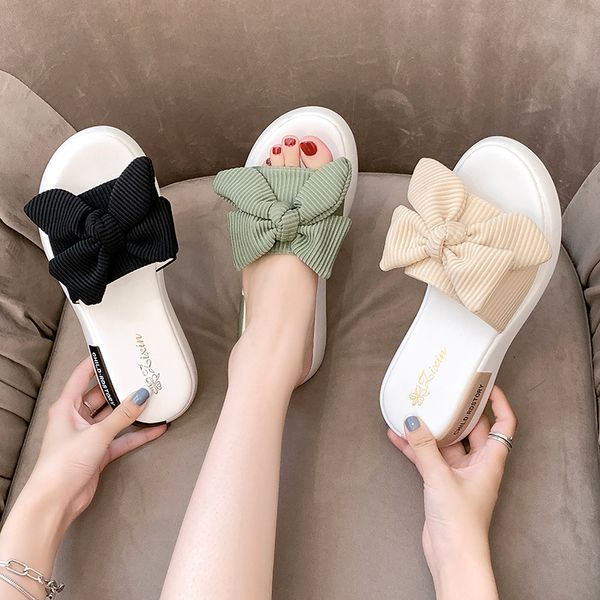 

low butterfly-knot house slippers platform shoes slipers women luxury slides summer 2020 designer flat soft pu fabric rubber, Black