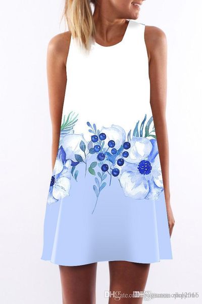 

women dress crew neck sling sleeveless hip wrap elegant lady white blue flower digital print skirt casual pencil dresses s-xl, Black;gray