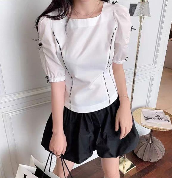

women's blouses & shirts pearl bow square collar women 2021 back zipper puff sleeve casual wild lady blouse, White