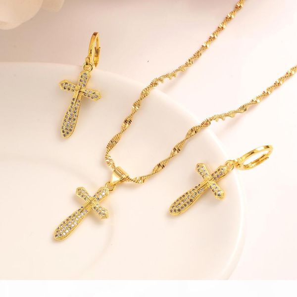 

e new african jewelry sets fine yellow gold gf crystal cross white inlay cz pendant necklace for women chain girls kids party, Silver