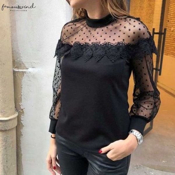 

2020 new fashion women lace see through mesh breathing long sleeve ladies casual slim blouse, White
