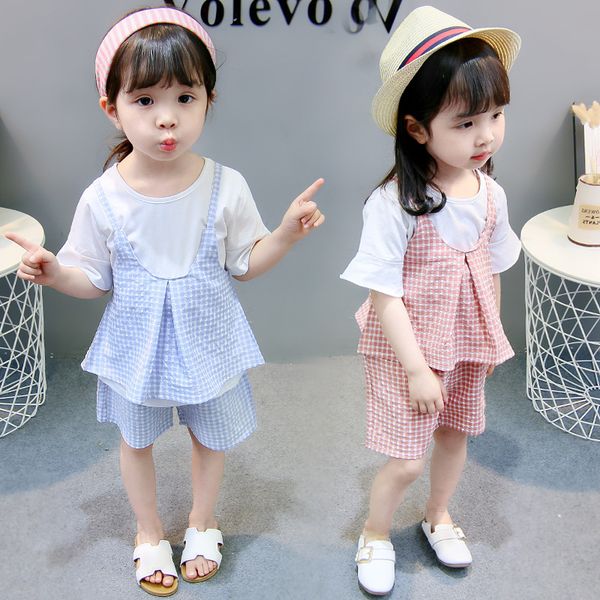 

girls summer short-sleeved three-piece suit infant baby girl plaid korean fashion childrens clothing jacket a set of hair, White