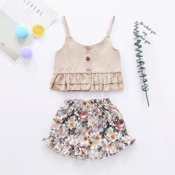 

(12m-4t) children's lace strap button + floral shorts two-piece suit summer wrinkle button vest + floral shorts suit s4, White