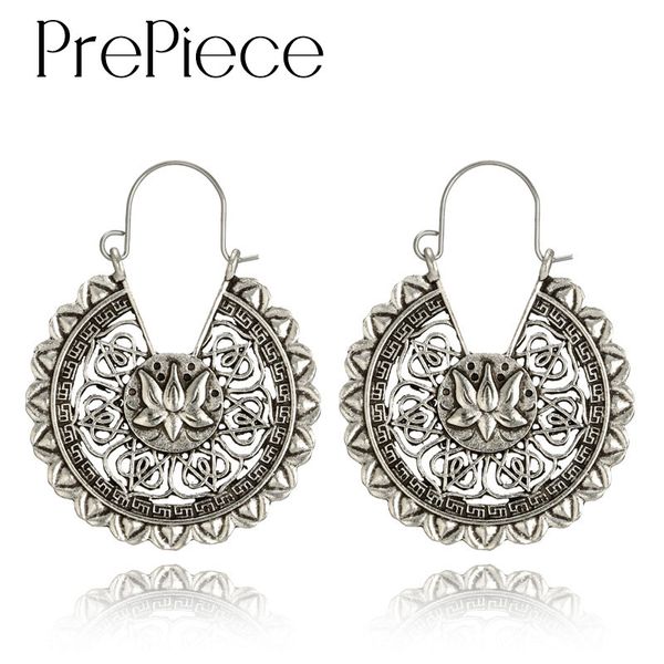 

prepiece vintage lotus flower round hoop earrings for women ethnic sliver color boho earrings 2020 new fashion jewelry pe1429, Golden
