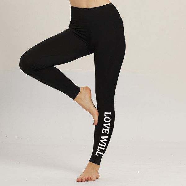 

women leggings high waist elasticity leggings fitness love will printing solid leggins breathable woman pants taty push up strength, Black