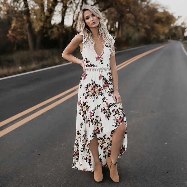 

2020 elegant dresses women deep v neck dress backless asymmertrical lace summer floral flower party dress, Black;gray