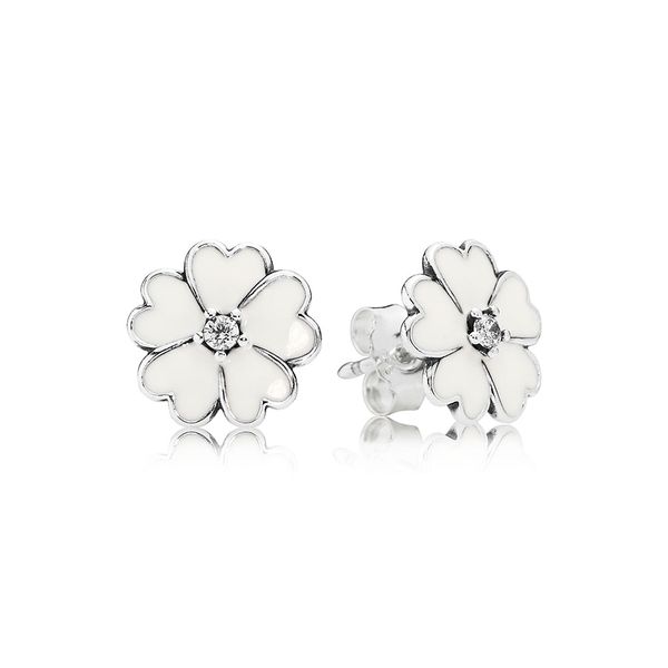 

925 sterling silver women white enamel primrose flower stud earrings luxury fashion jewelry designer earrings with pandora original gift box, Golden;silver