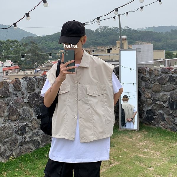 

лето ins сплошной цвет короткий рукав жилет жилет мужской корейский стиль рукавов жилет бф отворот половина рукав рубашки пальто, Black;white