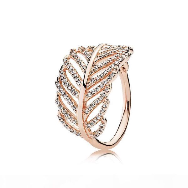 

925 sterling silver feather rings with clear cz diamond fit pandora style jewelry for women 18k rose gold crystal wedding ring, Golden;silver