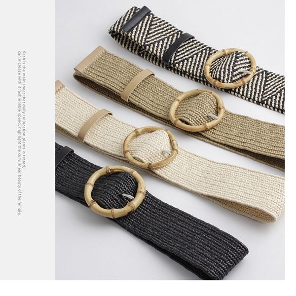 

boho wide rope belt for women solid color braided ladies dress waist belt round wooden buckle straw female jeans, Black;brown