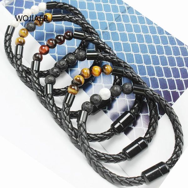 

wojiaer natural stone tigers eye volcano beaded bracelet mala beads leather cord magnetic bangle reiki jewelry for men zbm047, Black