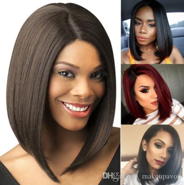 

new short bob silky straight peruvian human hair full lace wigs baby hairs pre plucked natural hairline lace front wig bleached knots, Black;brown