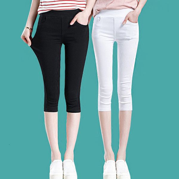 

plus size breeches women summer black white leggings cotton skinny stretch trousers casual knee length capris pants 5xl 6xl