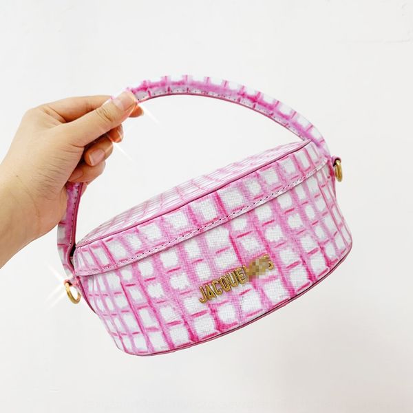 

jacquemus 2020 new niche design pink plaid pattern portable cake lunch box round cake lunch box bag pu leather women's bag