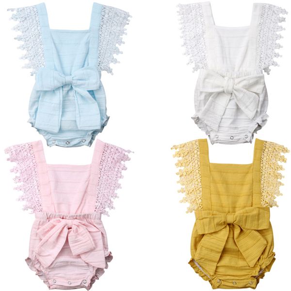 

0-24m newborn baby girl lace sleeveless rompers bowknot jumpsuit clothes t200721, Blue