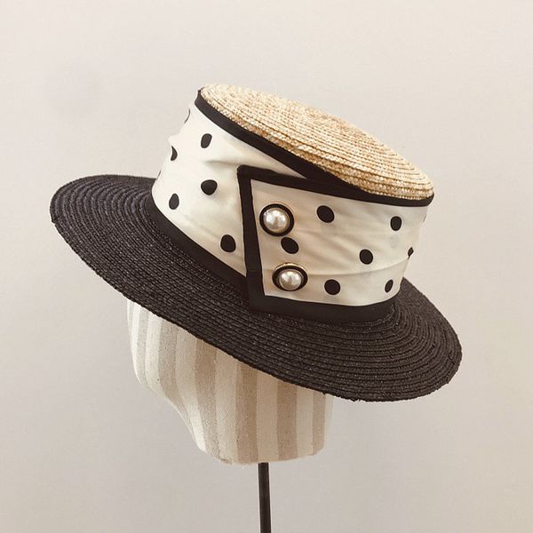 

2020 new handmade natural wide brim straw patchwork summer beach elegant ribbon flat lady derby dress sun hat canotier y200716, Blue;gray