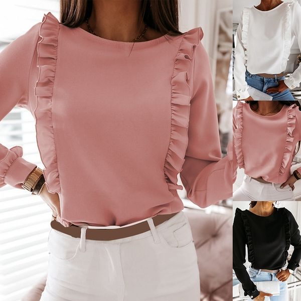 

spring and autumn o-neck ruffled elegant office ladies back metal buttons casual long-sleeved shirt, White