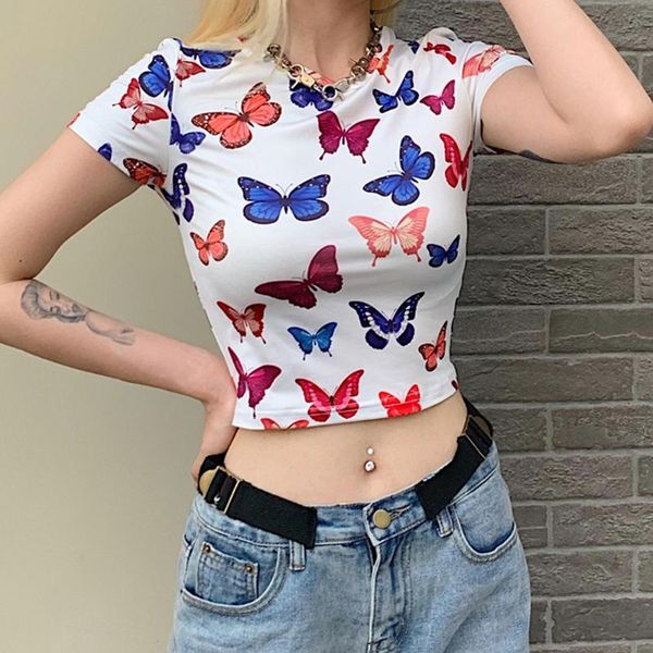 

butterfly printed short sleeve yoga shirt ladies summer white casual crop shirt women fashion tees streetwear, White;red