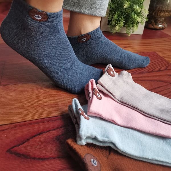 

10 pairs of mixed summer lady boat cotton thin boat short cotton socks shallow academic style cute bear socks, Pink;yellow