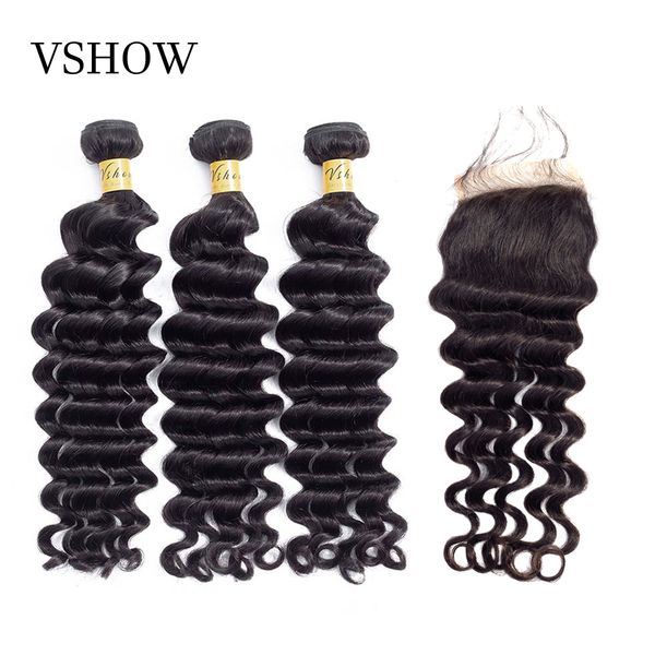 

vshow hair loose deep wave bundles with closure 3 bundles with closure 100% brazilian remy human hair bundles with closure, Black