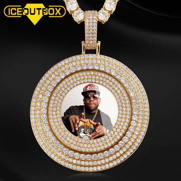 Colares com pingente Big Spin Round Custom Picture Memory Medalhões Solid Pingente Colar Ice Out Full Of Crystal Mens Hip Hop Personalizar Presente