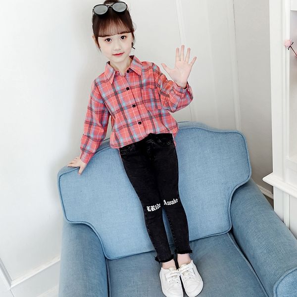 

wear new 2020 plaid medium and large children's lapel long children's clothing shirt sleeve girl's base shirt, White;black