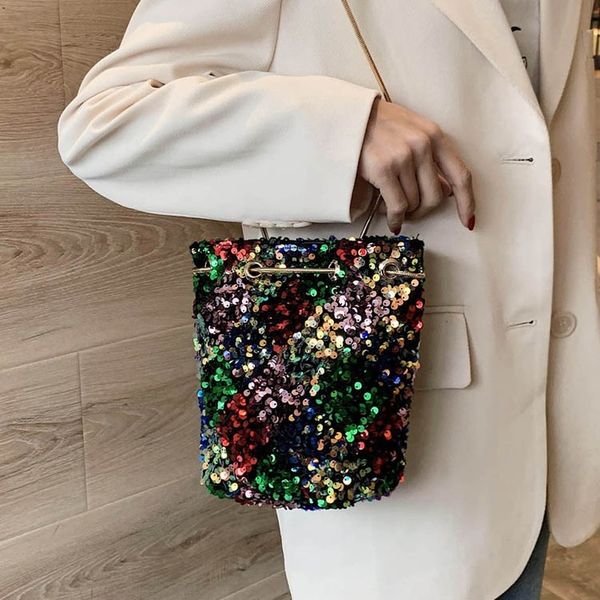 

elastic chain shoulder strape bags for women colorful glitter women's messenger bags 2020 sequins bucket hand bag bling jd01141