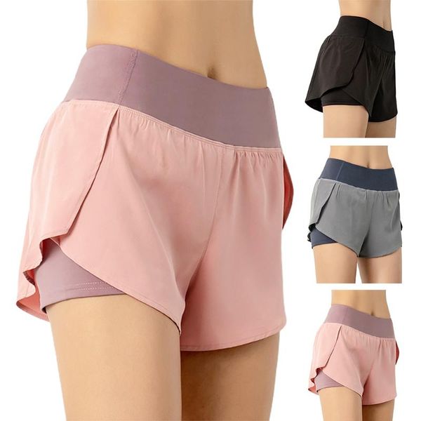 

summer women sport running shorts quick dry high elasticity double layer yoga shorts with phone pocket for fitness training, Black;blue