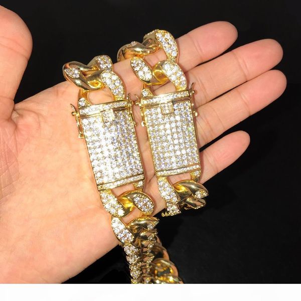 

20mm 16-32inches iced out full bling cz triple lock hip hop cuban link chain necklace for men women, Silver