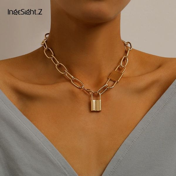

ingesight.z punk gold color padlock pendant necklace statement miami curb cuban thick choker necklaces collar for women jewelry, Silver