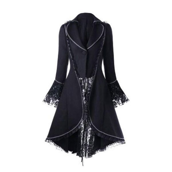 

women gothic overcoat lace-up bandage ribbon bow lace up winter flocking long sleeve halloween black vintage gothic long coat, Tan;black