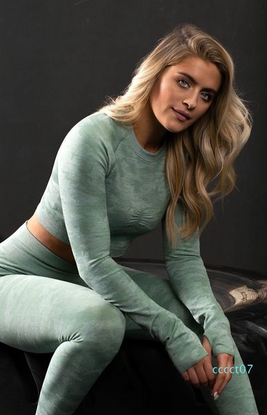 

2020 горячие 3шт camo бесшовная йога set sports wear женщины фитнес одежда йога леггинсы + спорт бюстгальтер + длинным рукавом crop top gym, White;red