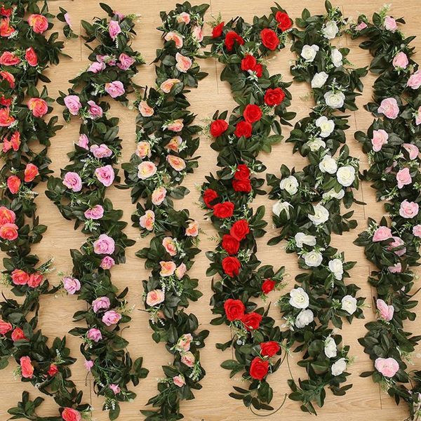 

decorative flowers & wreaths artificial rose flower vine fake garland with green plants hanging wedding party wall decoration