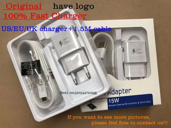 

dhl 15w adaptive 100% fast charging us/eu travel wall charger + 1.5m micro usb cable for samsung s6 s7 edge note 4 5 with box