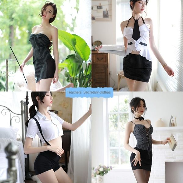 

underwear women's neck low-cut secretary teacher uniform striped skirt underwear striped skirt suit for women, Black;white