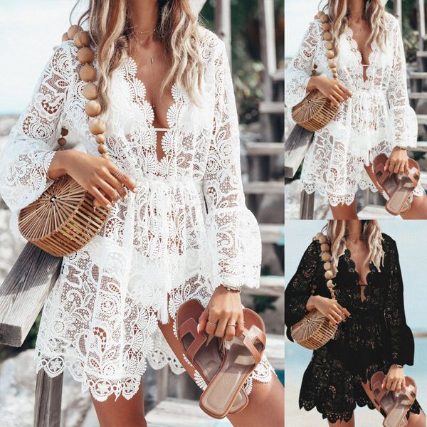 

2020 summer women lace crochet bikini cover-ups swimwear beach swimsuit summer dress, White;black