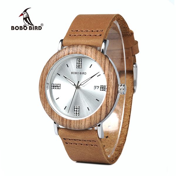 

bobo bird ladies wooden watch calendar date gems imitate diamond fashion quartz watches for women wood box, Slivery;brown