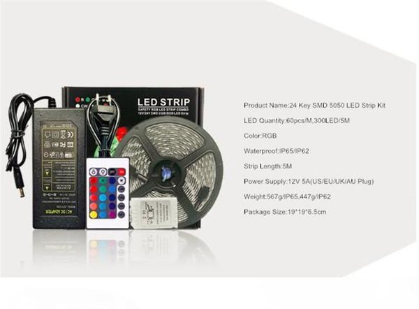 

300led 5m smd 5050 rgb led strip lights with 24 key controller 12v 5a power supply flexible advertisement holiday decoration light