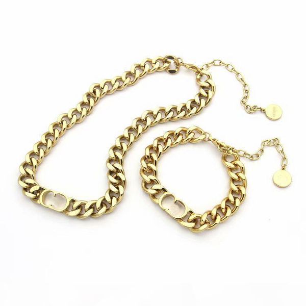 

europe america fashion jewelry sets women lady titanium steel 18k plated gold thick chain necklaces bracelets with d letter pendant, Silver