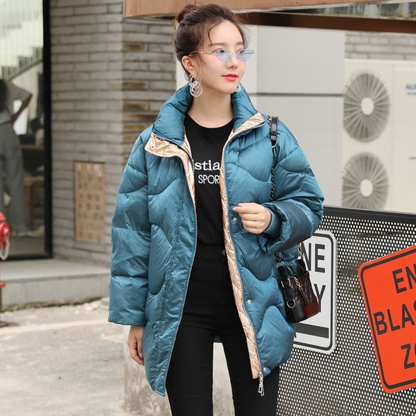

f4ozx off-season new women's jacket coat down jacket mid-length loose turtle large version white duck down color matching western style, Black