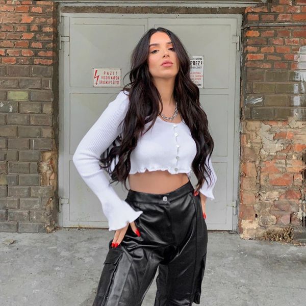 

2020 white simple slim falbala ribbed crop spring casual elegant office lady square collar basic tees shirt top