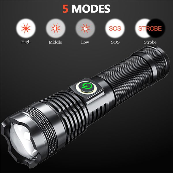 

xhp50 flashlight fishing handheld zoom led torch 5 light modes rechargeable battery lantern for emergency, self-defense, window broken