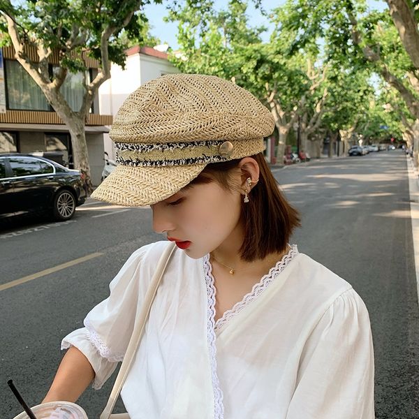 

6v0nd straw hat korean style fashionable all-match thin breathable big head straw hat beret circumference octagonal beret female fashionabl, Blue;gray