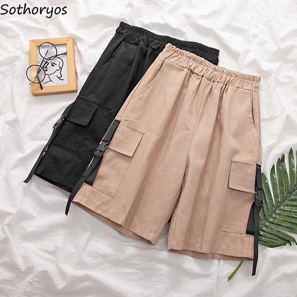 

shorts women summer elastic-waist solid loose all-match straight bf pockets streetwear sport knee-length womens ulzzang chic new, White;black